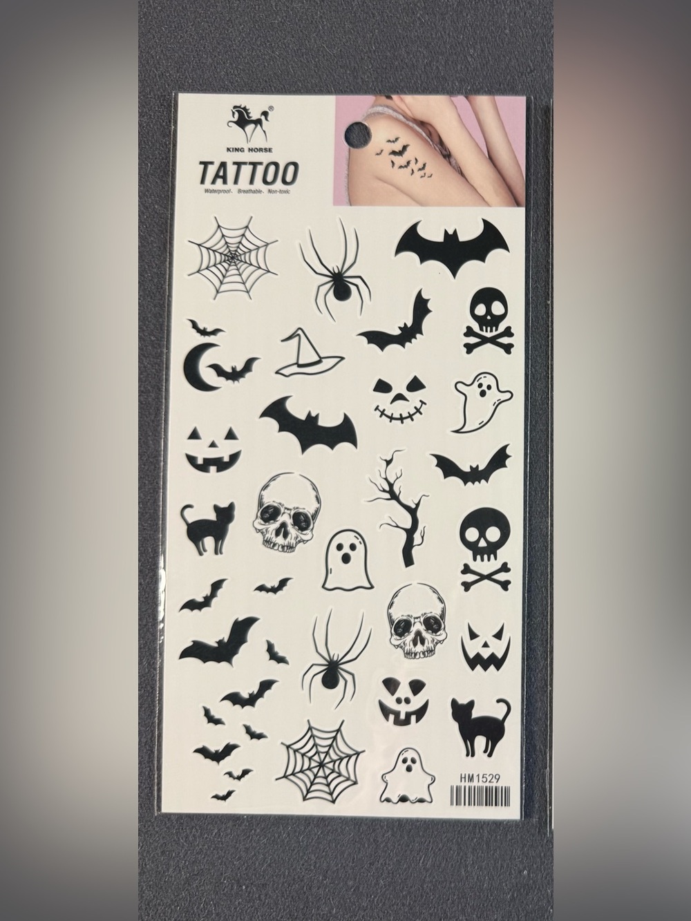 Temporary Waterproof Tattoo Halloween Black Bat Spider Skeleton Prints 2 Sheets